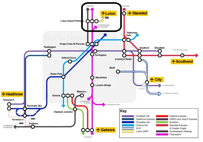 Mappa collegamenti Aeroporto Londra Luton