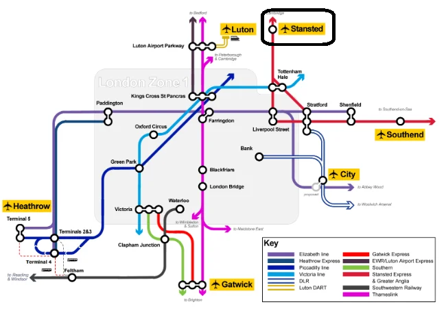 Mappa collegamenti Aeroporto Londra Stansted